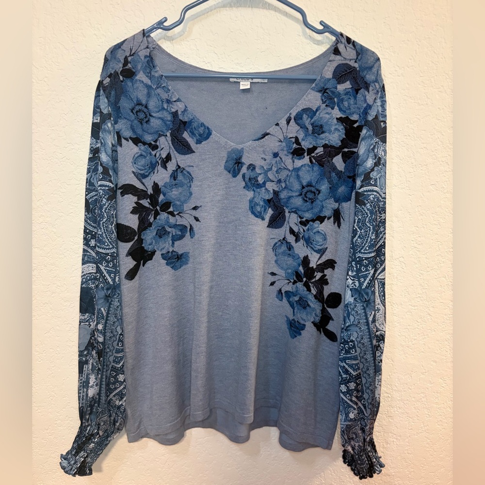 Chico's Blue Floral Long Sleeve Top
